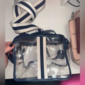 Clear Crossbody Bag with Navy and White strap